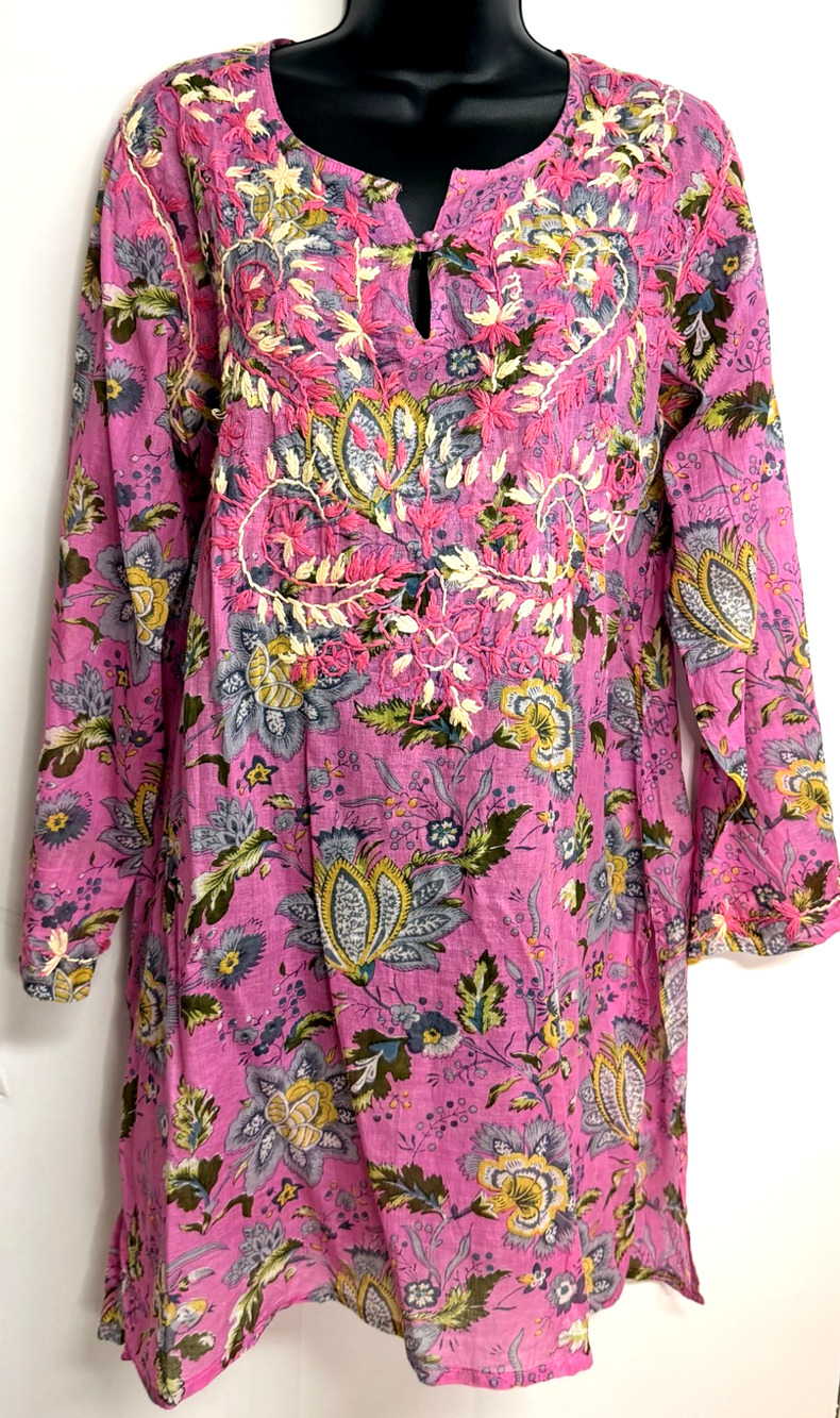 Raj Embroidered Blouse Women's XL Pink Floral Long Sleeve Boho Tunic Top NEW